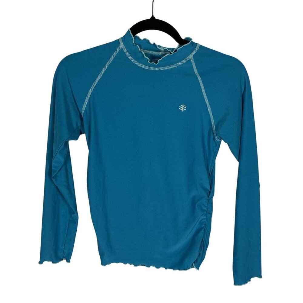 Coolibar Girls SZ M Blue Collared UPF 50+ Long Sleeve Rash Guard Shirt